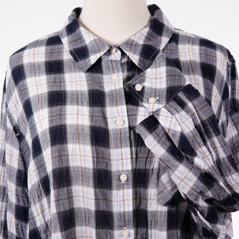 Tommy Hilfiger Women's 1X Blue White Brown Plaid Button Up Top Seersucker